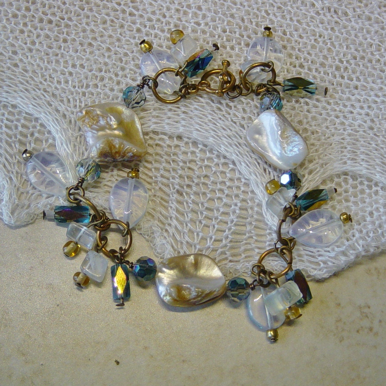 Antique Brass Chain Linked Blister Pearl, SeaOpal and Blue Crystal Beaded Charm Bracelet