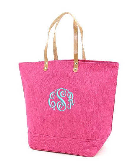 Personalized Tote Bag Jute Hot Pink Burlap Large Monogrammed Wedding Bridesmaid