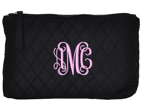 Personalized Cosmetic Bag Black Quilted Monogrammed Bridesmaid Gift Case Large