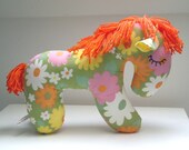 Happy Vintage Horse, 1970's Green Pop Flower Fabric Plush Toy Pony