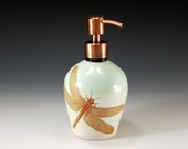 Porcelain soap dispenser - brushed copper pump - celadon glaze with dragonflies
