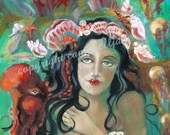 Original Mermaid Portrait Painting with Octopus Jelly Fish Shells Sea Fish