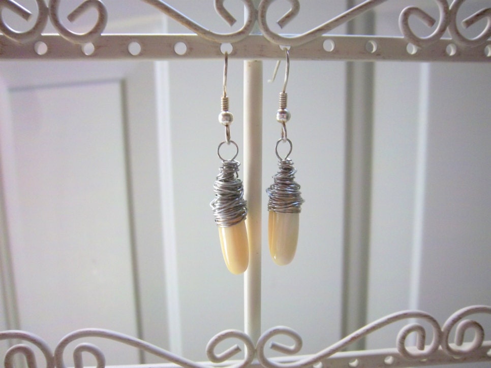 Silver Wire Wrapped Yellow Shell Earrings