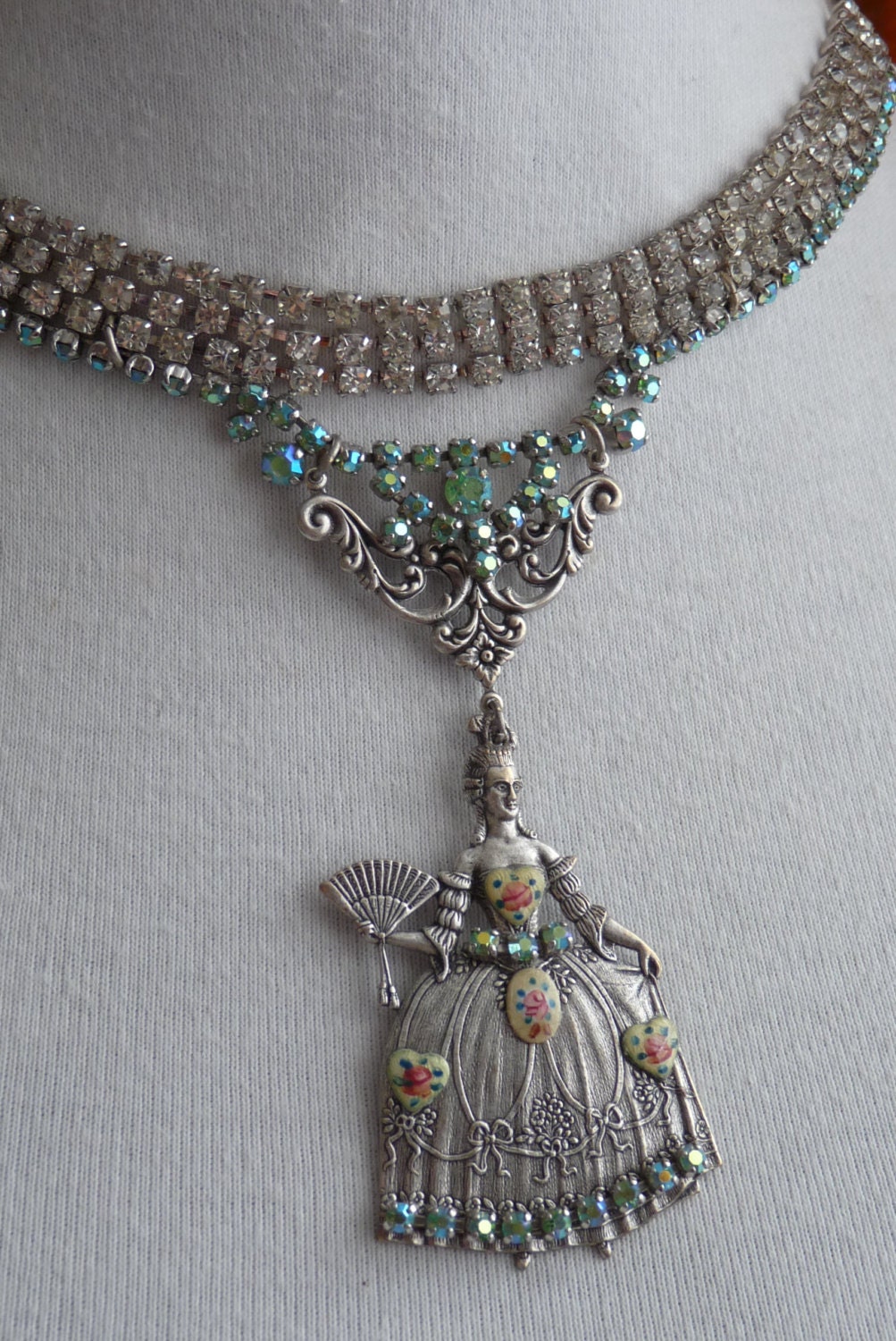 Marie vintage repurposed rhinestone necklace with vintage guilloche cabs Marie Antoinette necklace