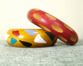 Vintage Bangle Bracelets, wood bracelets, painted bracelet, triangle print, red and gold, Indian bracelet, natural wood, chunky bracelets