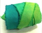 Hand Torn Emerald Green Recycled Silk Craft Ribbon, hand dyed 10 yards - GlindaBunny