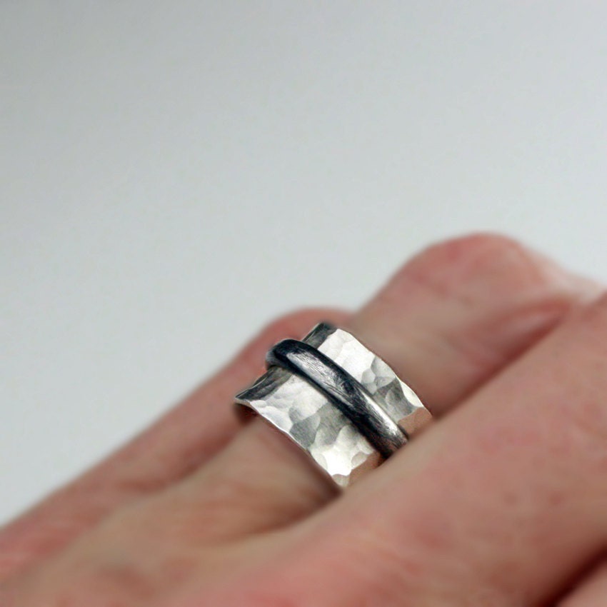 Day and Night Spinner Ring, Hammered Silver with Black Band, Meditation Ring