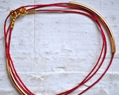 oxblood deep red super skinny nylon triple wrap bracelet with two long gold tube