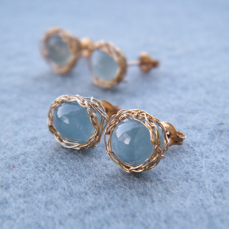 Genuine Aquamarine Earrings, Crochet Gold Wire, Gold Post Earrings, Gold Aquamarine Earrings, OOAK