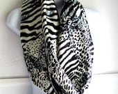 Infinity Scarf, Zebra Print, Animal Print, Black , Off White, Loop Scarf, Rayon, satiny Fabic