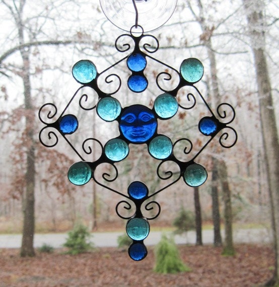 Stained Glass Suncatcher - Moonface Jewel with Wire & Nuggets,Cobalt and Sky Blue,Teal Green