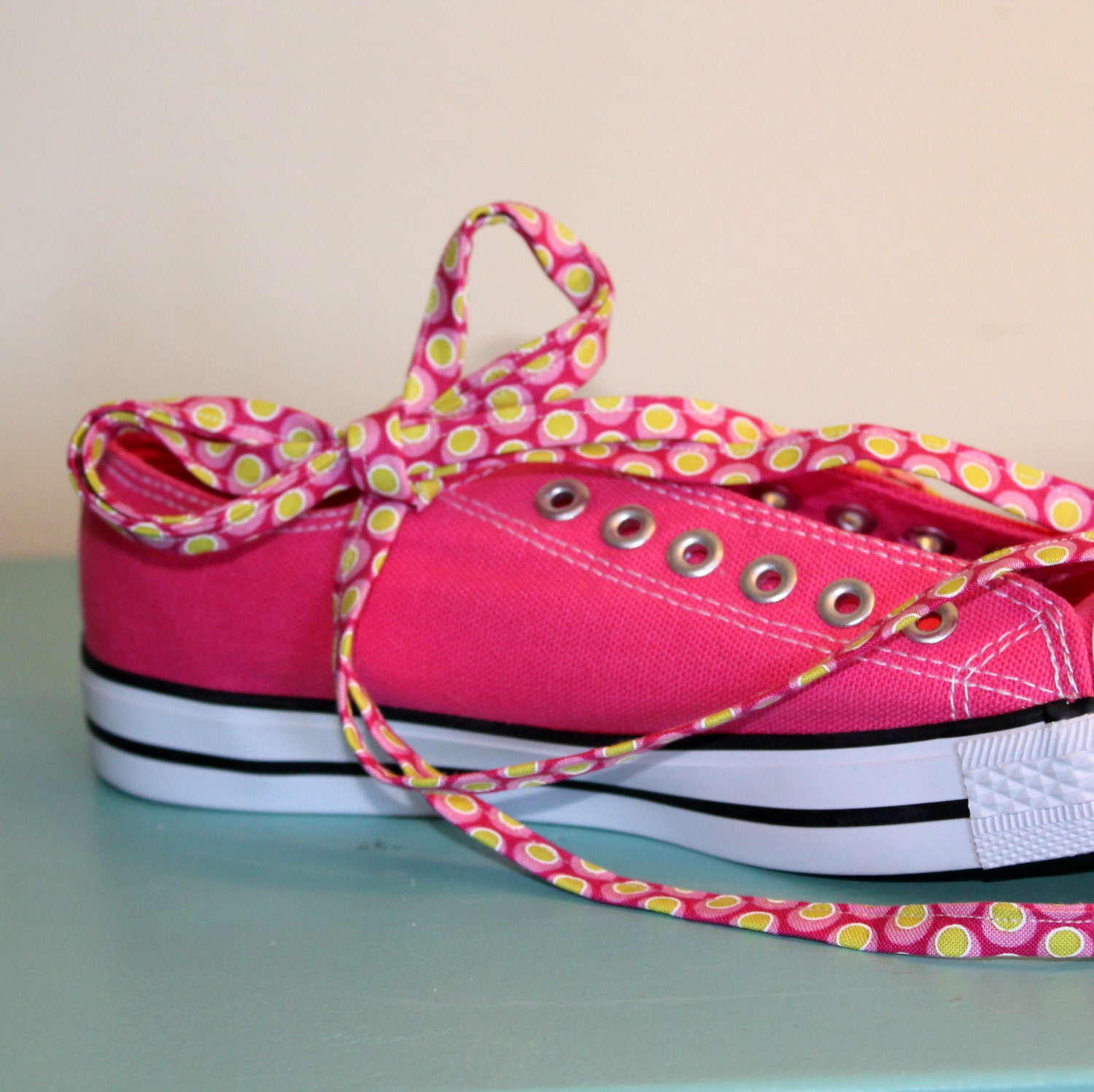 Pink and Yellow Dot Fabric Shoelaces with Aglets