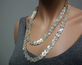Long Mermaid Button Necklace of Ivory Iridescent, Antique Mother of Pearl Buttons