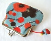 Kimono Coin Purse with a little shell bell, Apricot blossom in light blue