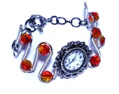 Neo Victorian Jewelry - Silver Tone -  Working Watch Bracelet - Fire Opal Swarovski Crystal