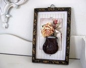 Tiny Vintage Miniature Antique Leather Coin Purse in Wooden Frame