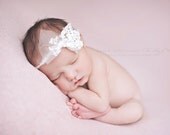 Winter's Edge - Open Halo Headband Wrap Tie Back - White Lace Bow - Newborn Baby Girl Infant Adults - Photo Prop