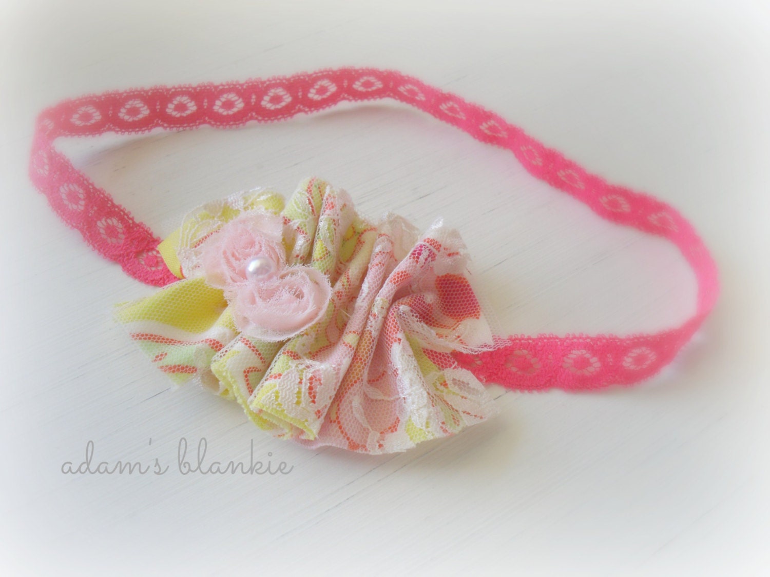 Citron - Ruffles Lace Headband - Coral Red Hot Pink Yellow Lime Cream - Rosettes Pearl - Girls Newborns Baby Infant Adults