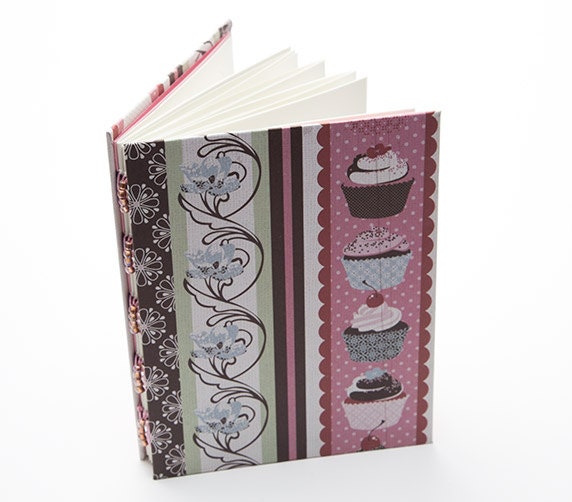 Cupcakes journal, cottage chic style notebook, pink and red, gift for her, gift under 15