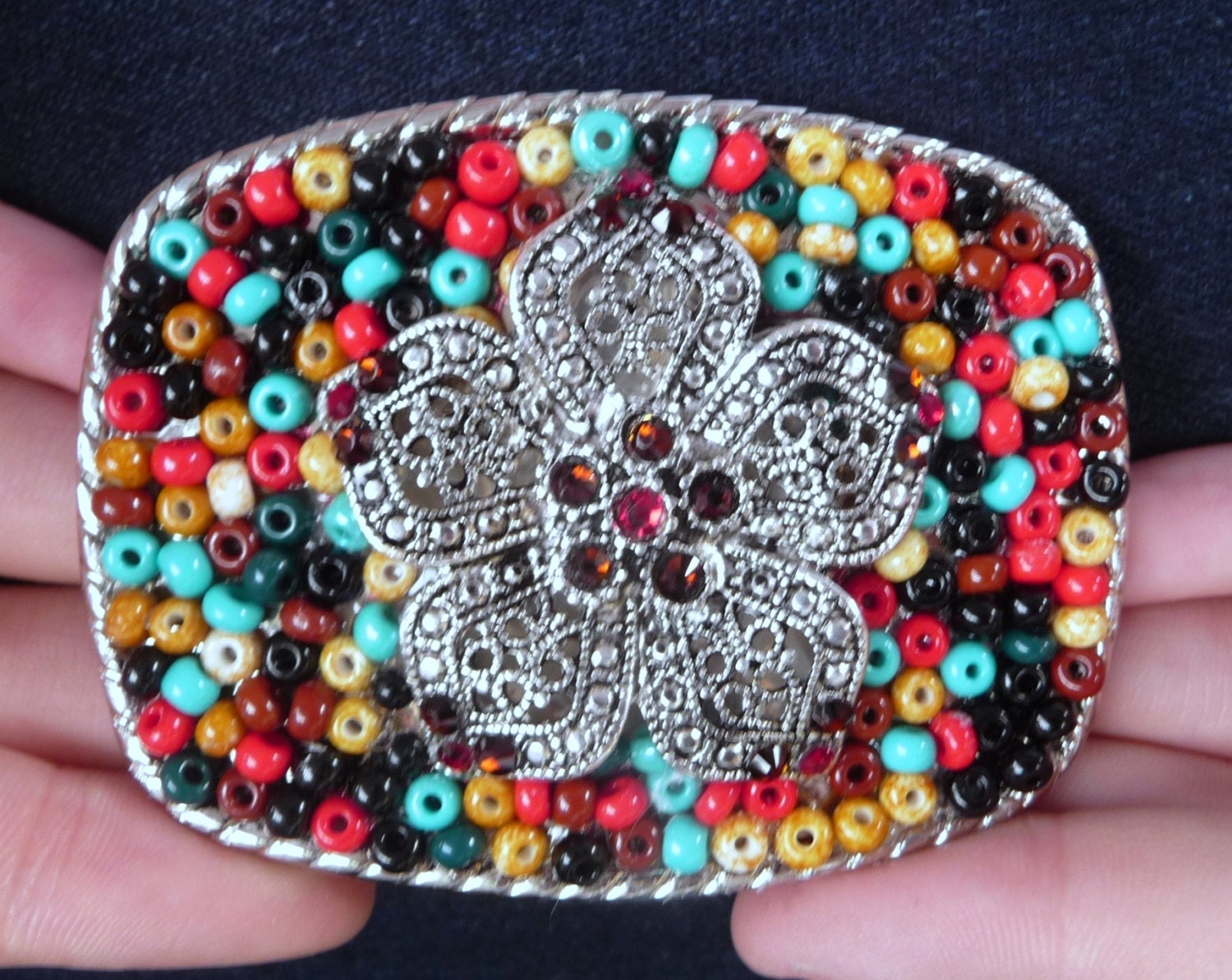 Southwestern Flower Belt Buckle - Turquoise Red Black Brown Silver - Small Rectangle Women's ooak custom