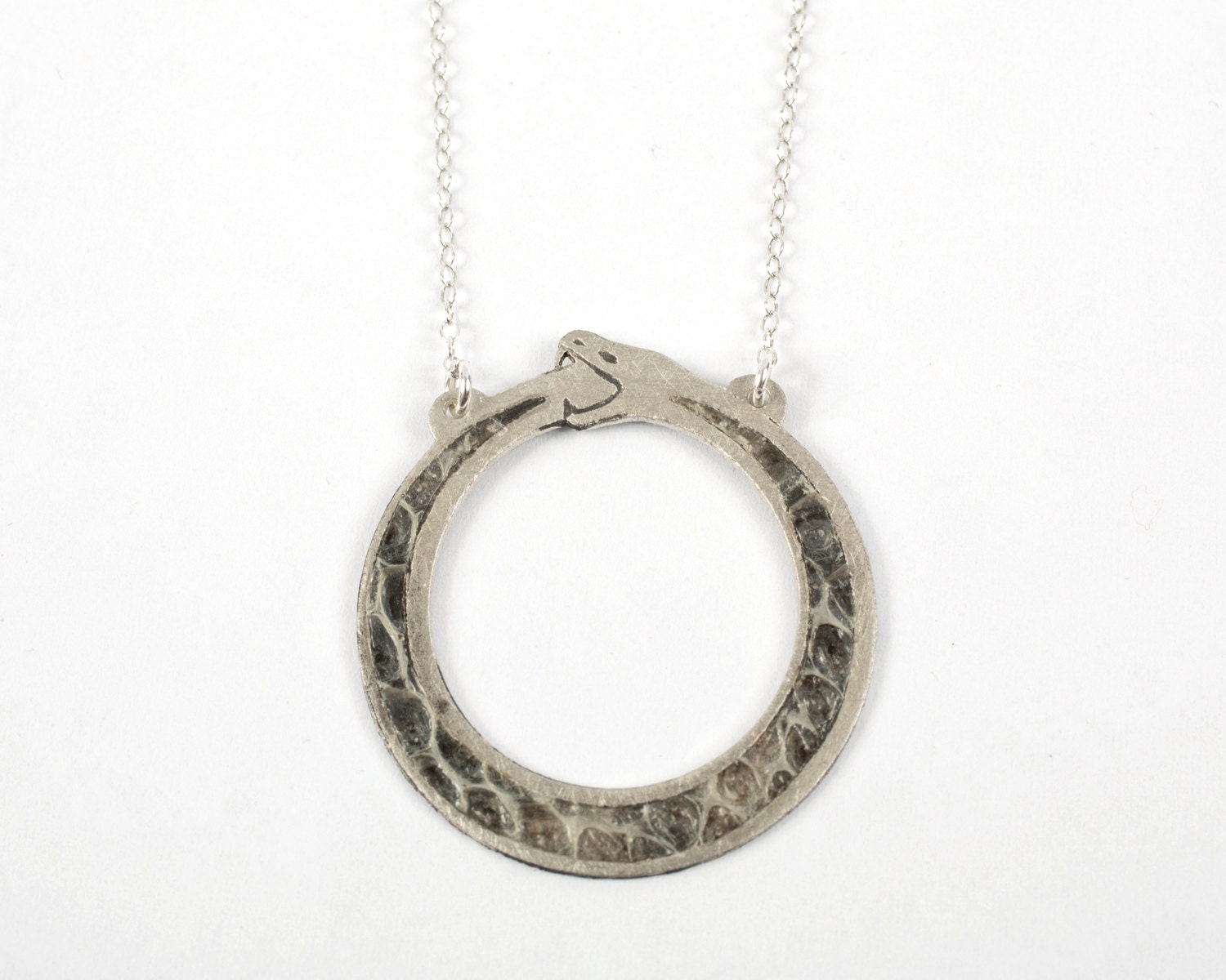 Ouroboros Sterling Silver Etched Necklace, with Real Snake Shedding