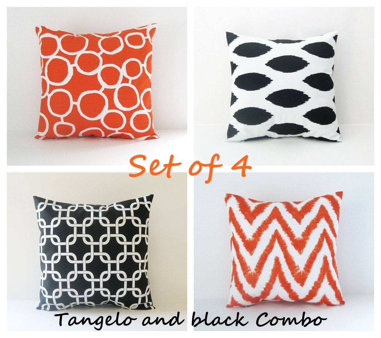 Orange and Black Pillow Covers Set of 4 Coordinating chevron Ikat 20x20