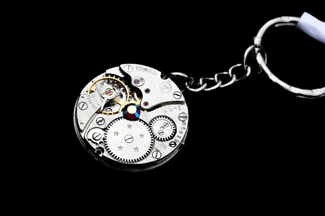 Steampunk Keychain- Industrial Wedding- Luxury Statement- Silver Clockwork- Vintage Watch Movement- Swarovski- Unisex- tasherajean- SK07