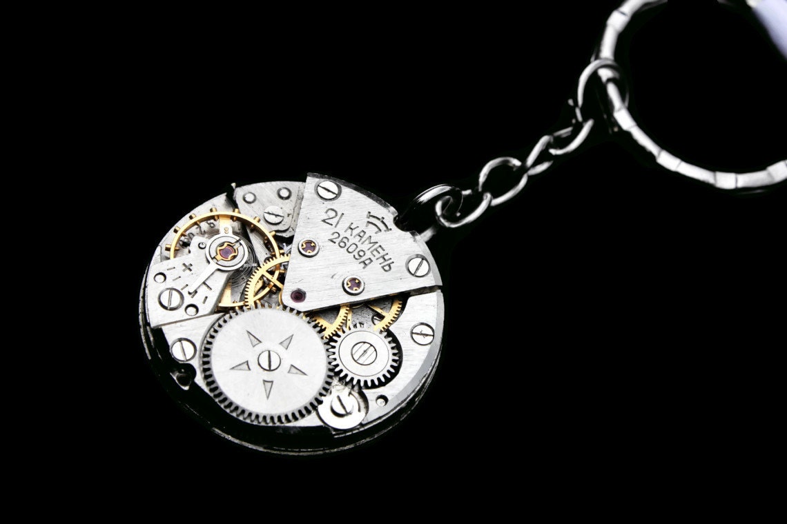 Steampunk Keychain- Industrial Wedding- Luxury Statement- Silver Clockwork- Vintage Watch Movement- Swarovski- Unisex- tasherajean- SK09