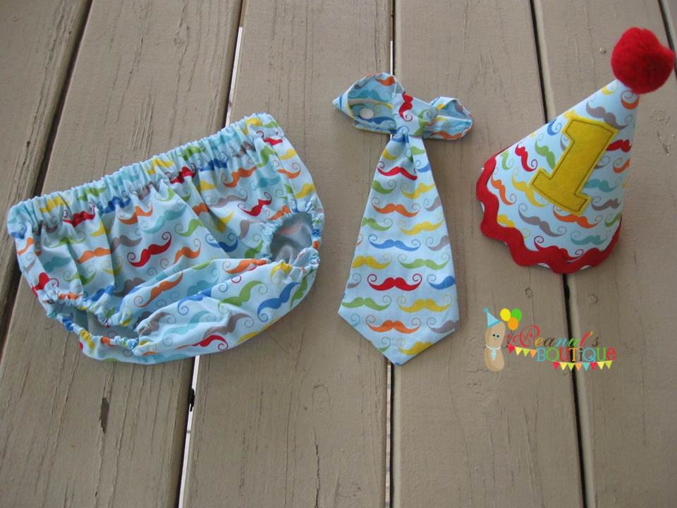 Baby Boy Toddler First Birthday Diaper Cover, Tie & Party Hat Aqua Mustache -- Photo Prop