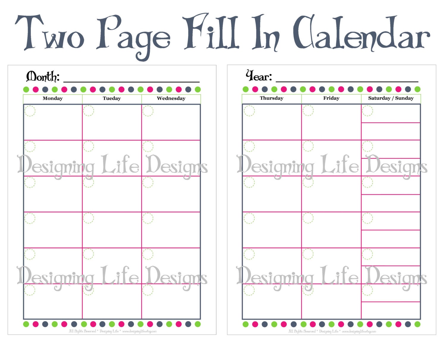 Printable Two Page Fill In Calendar - Buy, Download, and Use Forever