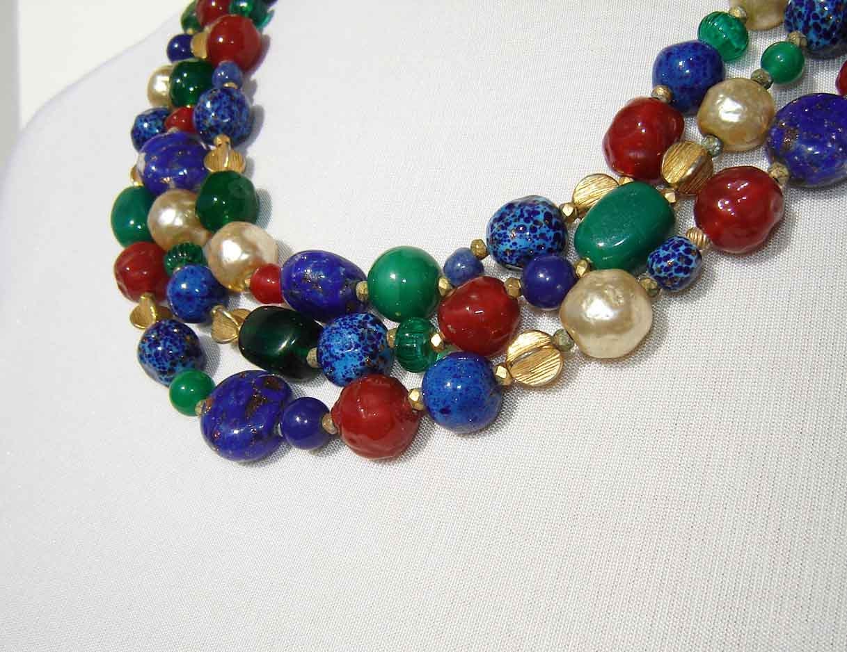 Vintage 60s Hattie Carnegie Beaded Necklace Multi-strand Venetian Glass Beads Choker