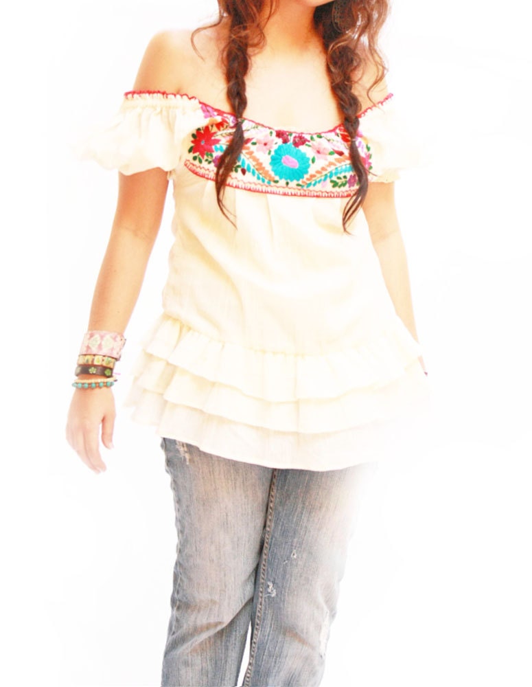 Mexican embroidered blouse w hand embroidery deep scoop neck and ruffles