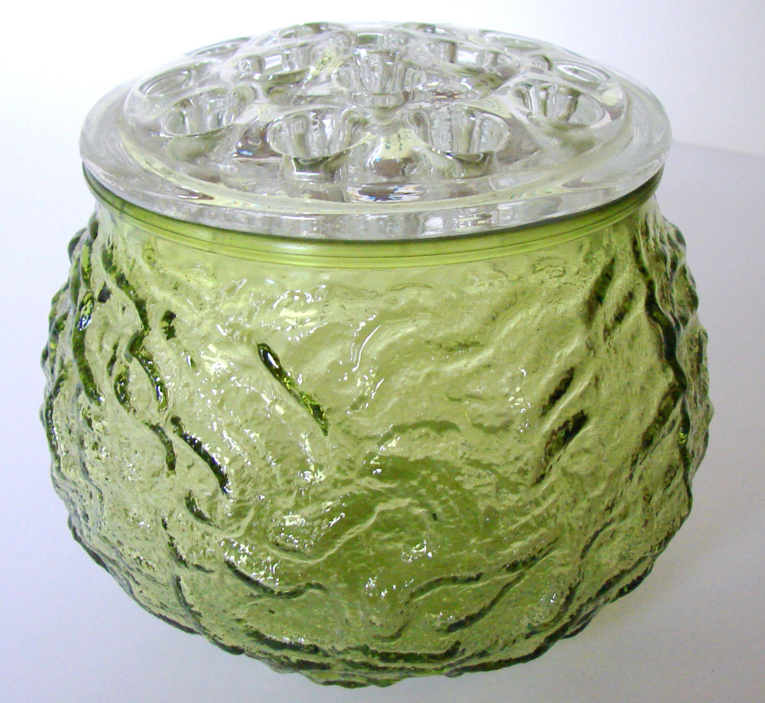 Vintage Brody Green Crinkle Glass Bowl Vase with Clear Flower Frog