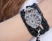 Boho Jewelry Wrap Bracelet, Bohemian Silver Jewelry, Leather TRIPLE Wrap Bracelet, Boho Silver Toggle Buckle Black Wrap Bracelet, 6 COLORS