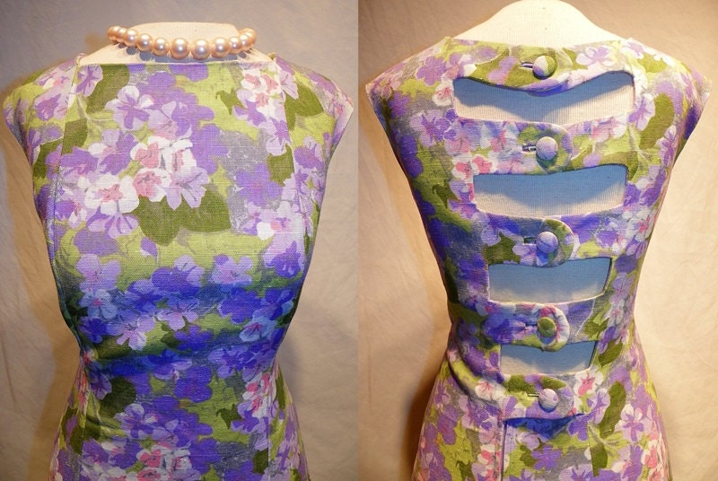 1960's Lilac Floral Print LINEN Open Back Cocktail Dress Vintage 60's Mad Men Couture Pat Premo Garden Printed MOD Party Dress