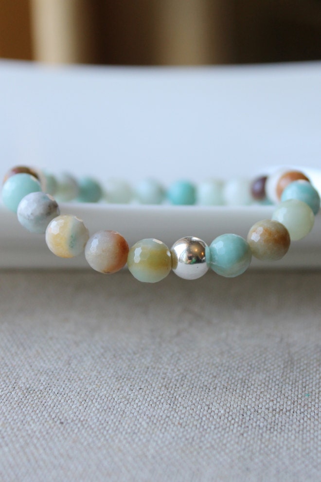 Black Gold Amazonite Stone Bracelet, Sterling Silver, Semi Precious, Turquoise, Earthy, Stretch Bracelet, Stacking Bracelet
