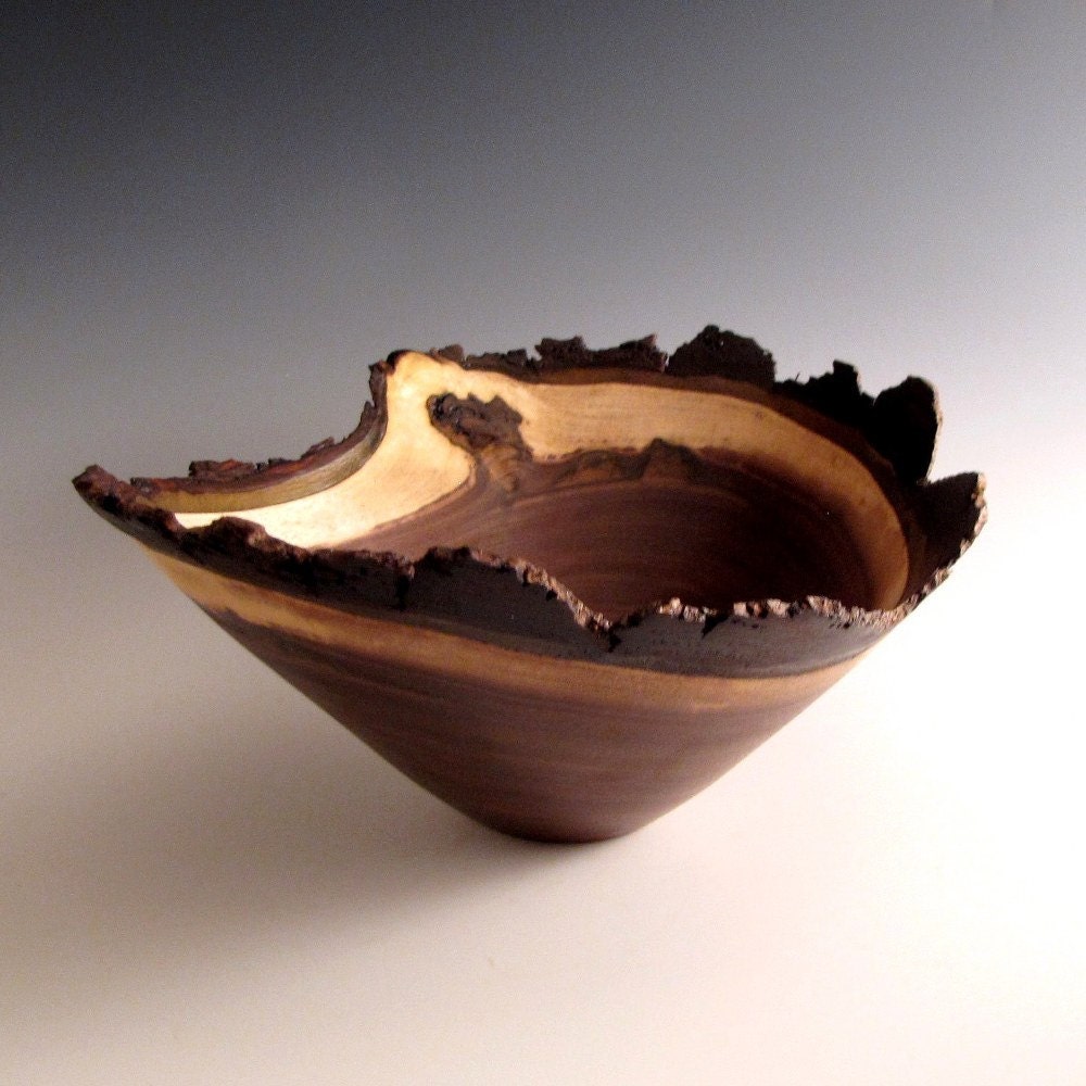 Natural Bark Edge Black Walnut Wood Turned Bowl