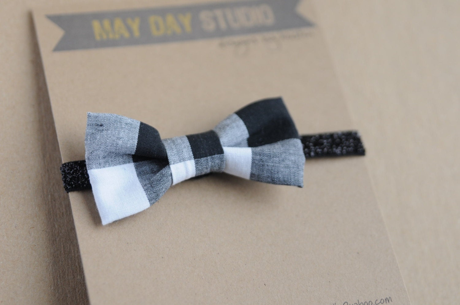 newborn baby toddler girls fabric bow headband - black/white gingham bow - black glitter elastic