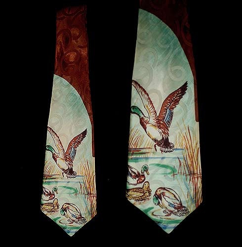Vintage 40s Hand Painted Ducks Satin Tie