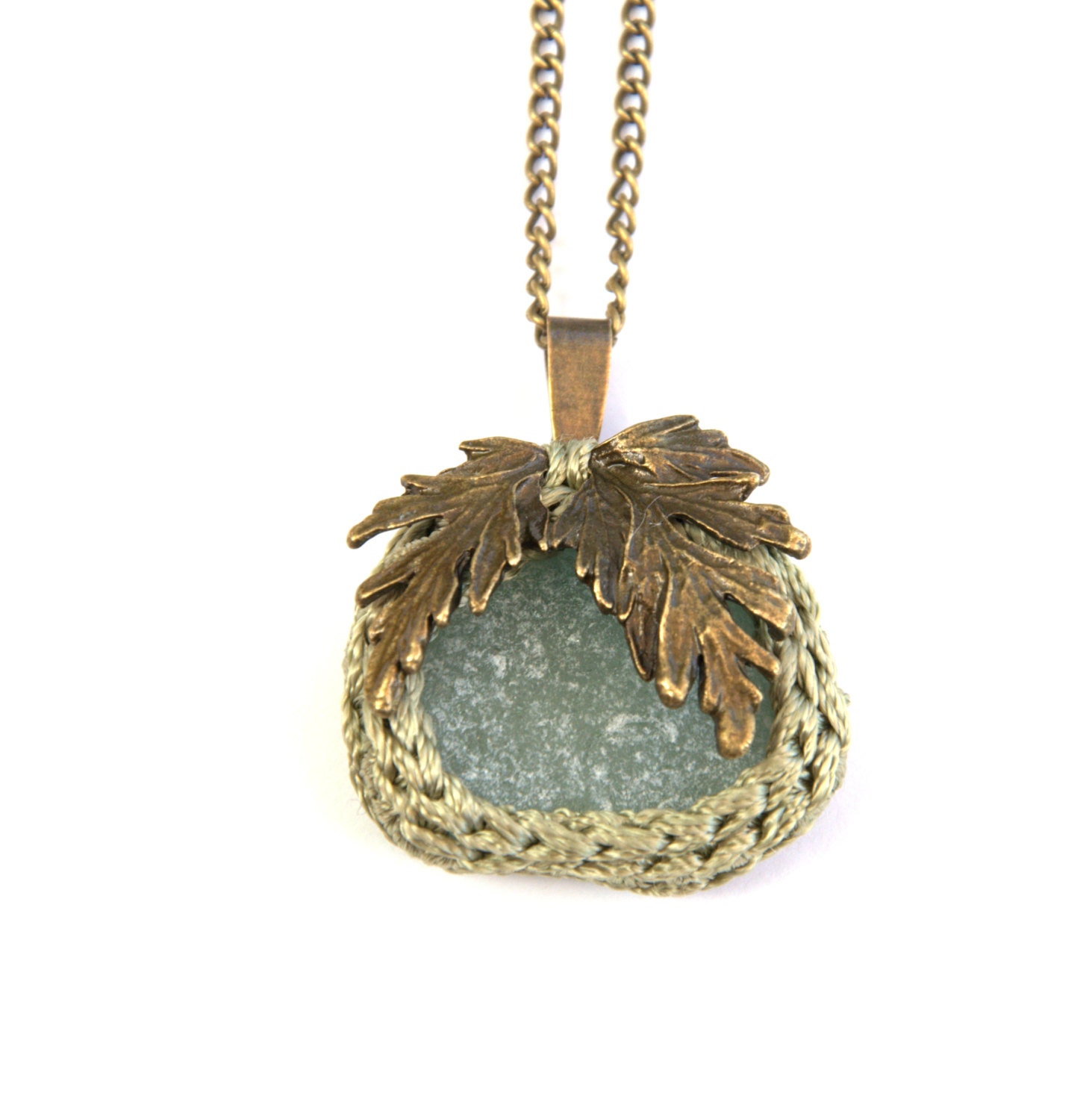Seaglass necklace jewelry Boho sea glass bridesmaid pendant pale sage green bronze leaf spring beach Weddings Birthday gift