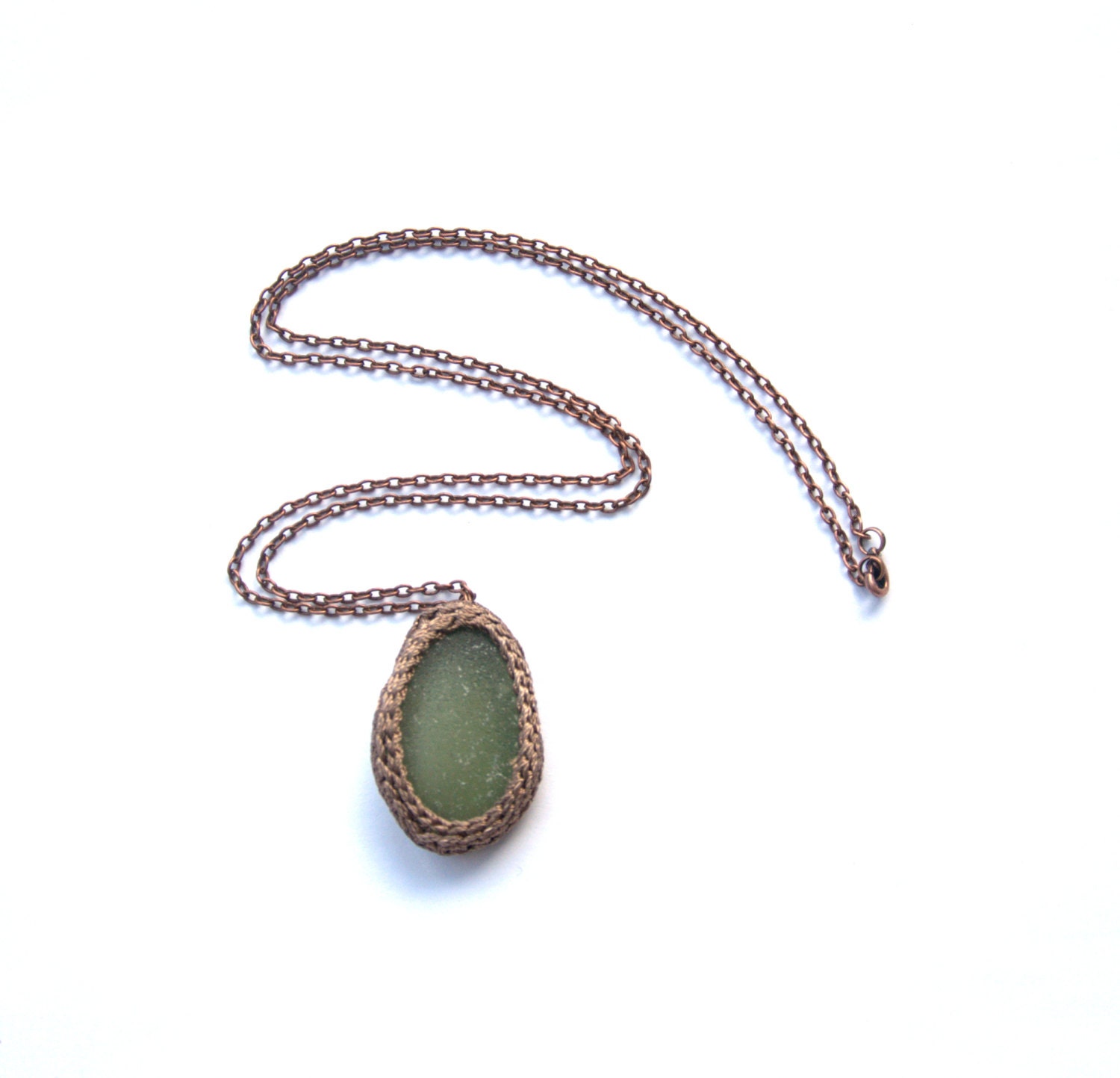 Seaglass necklace, long boho jewelry, brown olive green copper chain pendant spring beach Weddings Birthday gift her OOAK