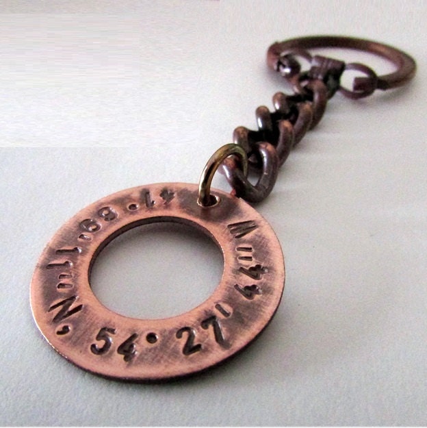 Longitude, Latitude, GPS Coordinates, Personalized Copper Keychain, Key Ring, Key Chain JAKE by E. Ria Designs
