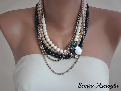Statement Jewelry White Coral and Swarovski Crystal Glass Pearl Necklace brides