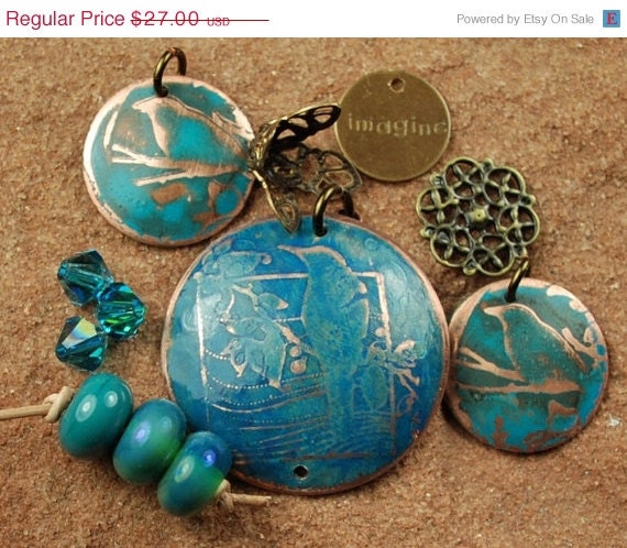 On Sale Etched Copper Metal Stamp, Lampwork Beads, Teal Birds SRA 468 by CCDesign