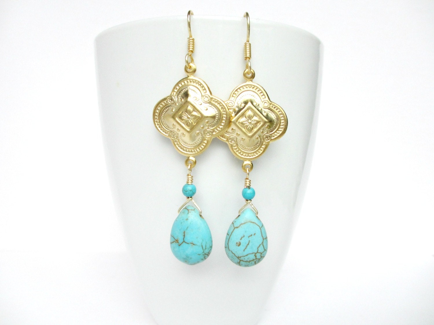 Bohemian Turquoise and Gold Dangle Drop Earrings, Gold Quatrefoil Earrings