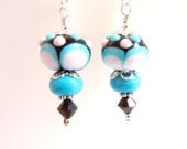 Pink Turquoise Earrings, Black Rose Aqua Glass Beaded Earrings, Abstract Handmade Lampwork, Sterling Silver, Fun, Colorful