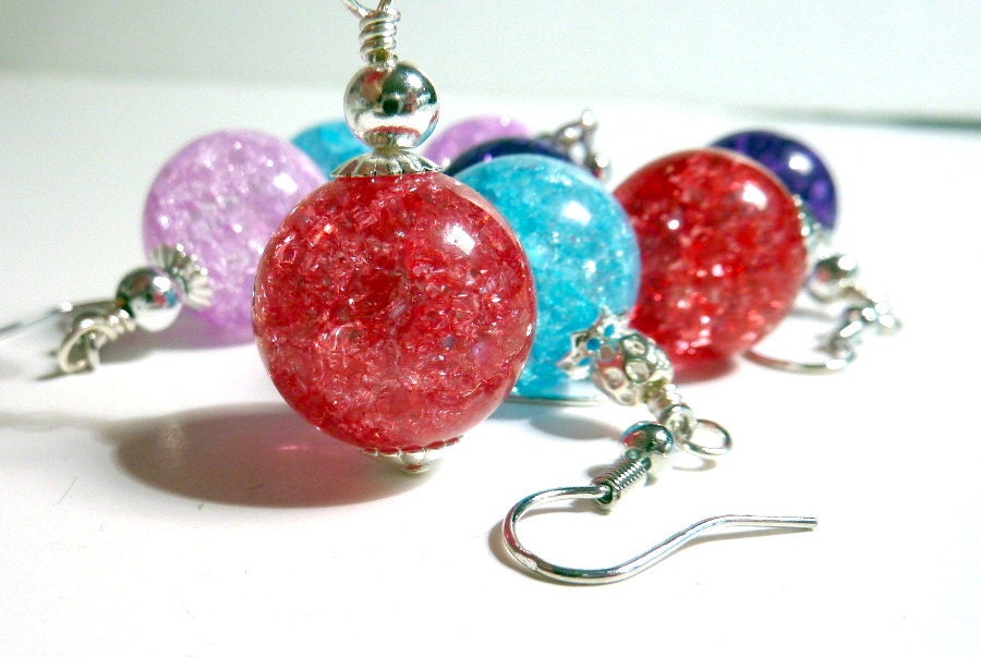 Crackled Glass Earrings, Red Purple Aqua Pink Silver Glass Beaded Earrings, Colorful Earrings, Fun - Elegencebyelaine