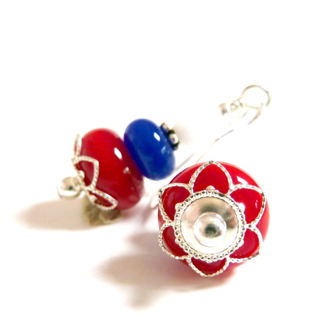 Red White Blue Earrings, Red White Blue Handmade Lampwork Earrings, Patriotic Glass Beaded Earrings, 4th of July