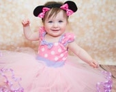 Baby MINNIE MOUSE dress TUTU  Party Dress  in Hot pink Polka Dots super twirly  dress 1st Birthday party