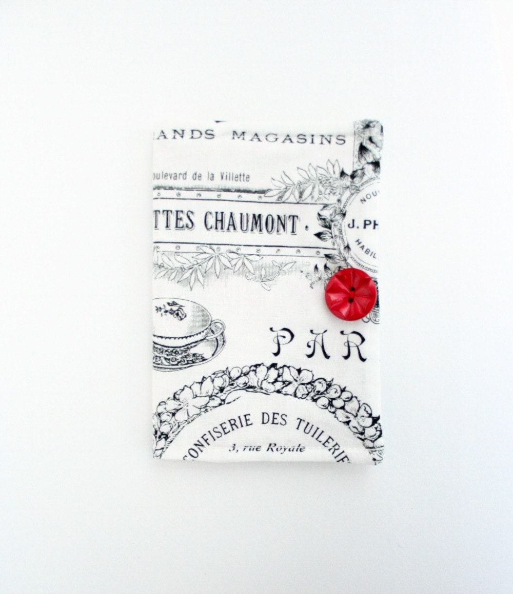 Passport Cover Sleeve French Words Paris Black and White Red Button Roses